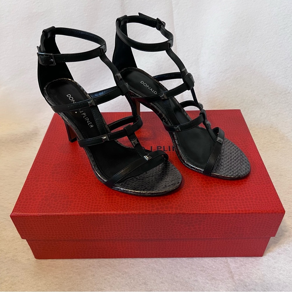 Donald J. Pliner Black Baby Calf Strappy Heels Size 6
